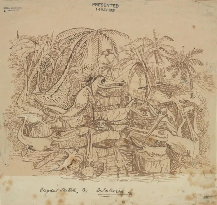 Framed Print : Professor Ichthyosaurus Print c.1830 by Henry T De la Beche Framed Print : Professor Ichthyosaurus Print c.1830 by Henry T De la Beche