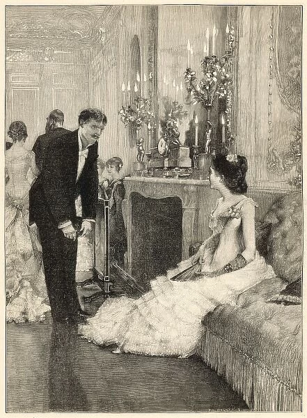 At a Ball. A seated lady is asked to dance by a gentleman