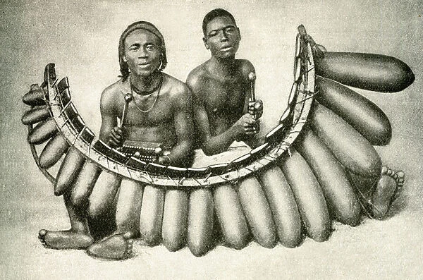 Bantu musicians with gourd piano, Central Africa