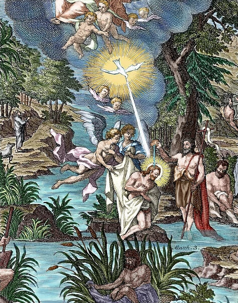 Baptism of Jesus. Colored engraving