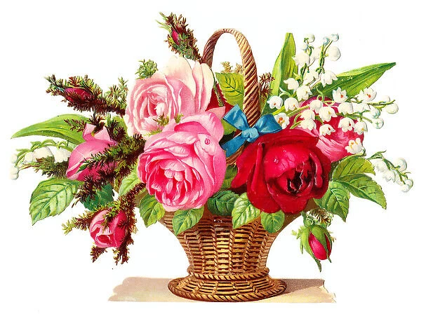 Basket of roses and lily of the valley on a Victorian scrap