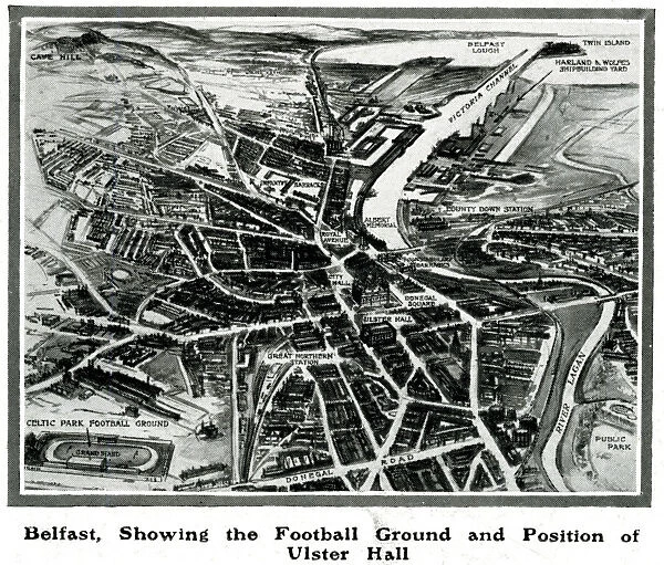 Belfast, 1912, showing the football ground & Ulster Hall
