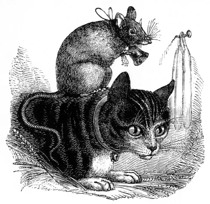 Framed Print : Belling the Cat Print: A Mouse and Tabby Cat with Bells Framed Print : Belling the Cat Print: A Mouse and Tabby Cat with Bells