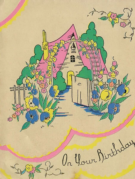 Birthday card with colourful country cottage