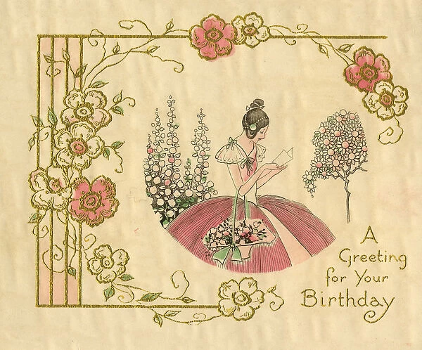 Birthday card, Woman in a garden