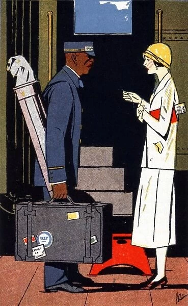 Black American porter with an elegant ladys luggage