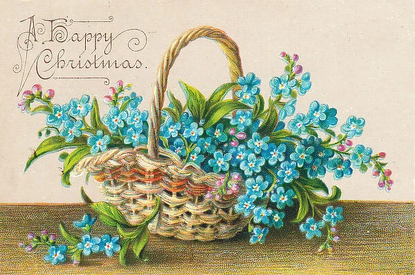 Blue flowers in a basket on a Christmas card