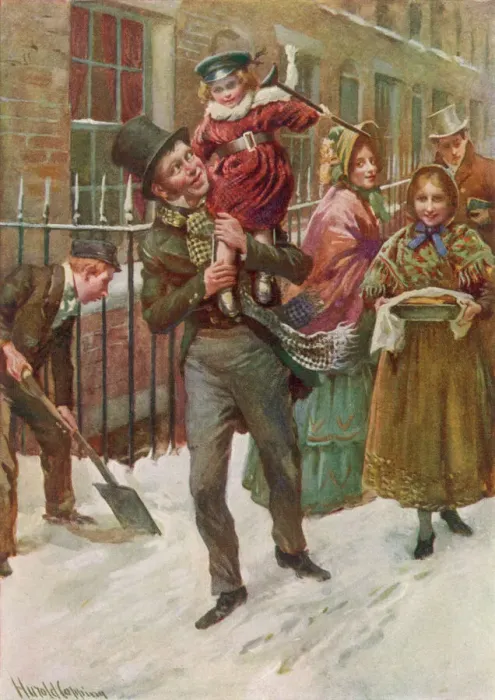 Framed Print : Print of Bob Cratchit and Tiny Tim walking towards a Christmas dinner Framed Print : Print of Bob Cratchit and Tiny Tim walking towards a Christmas dinner