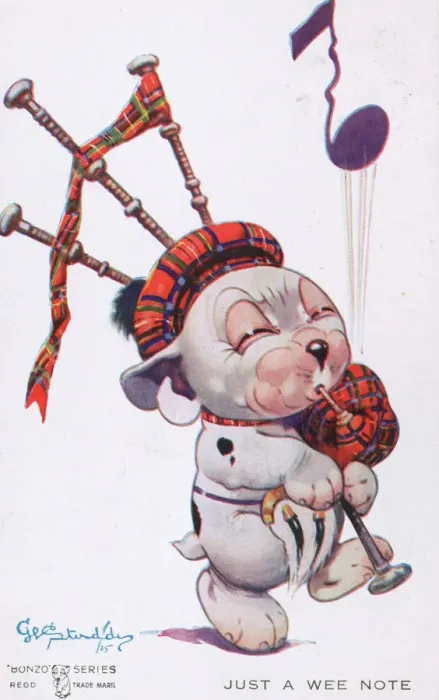 Framed Print : Bonzo the dog plays Scottish bagpipes in a print Framed Print : Bonzo the dog plays Scottish bagpipes in a print