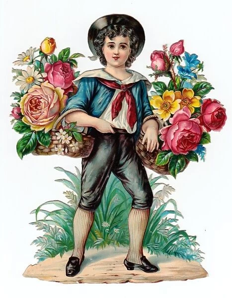 Boy with baskets of flowers on a Victorian scrap