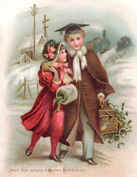 Boy and girl reunited on a Christmas card