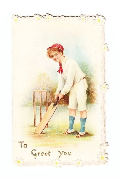 Boy playing cricket on a greetings card