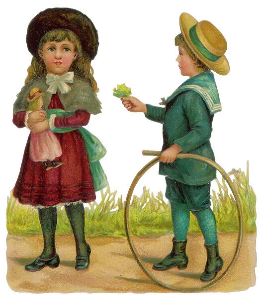 Boy in a sailor suit offers flowers to a girl holding a doll