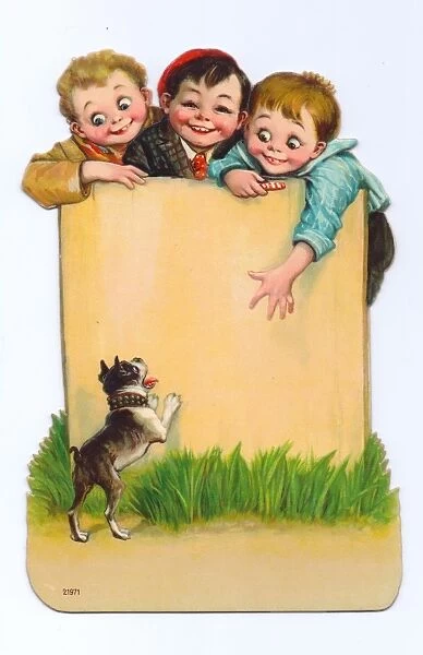 Three boys and a dog on a cutout greetings card