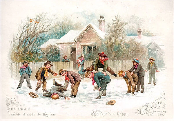 Boys playing in the snow on a New Year card