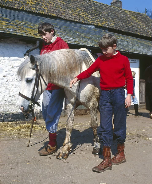 Two boys with white pony, Horner, Somerset