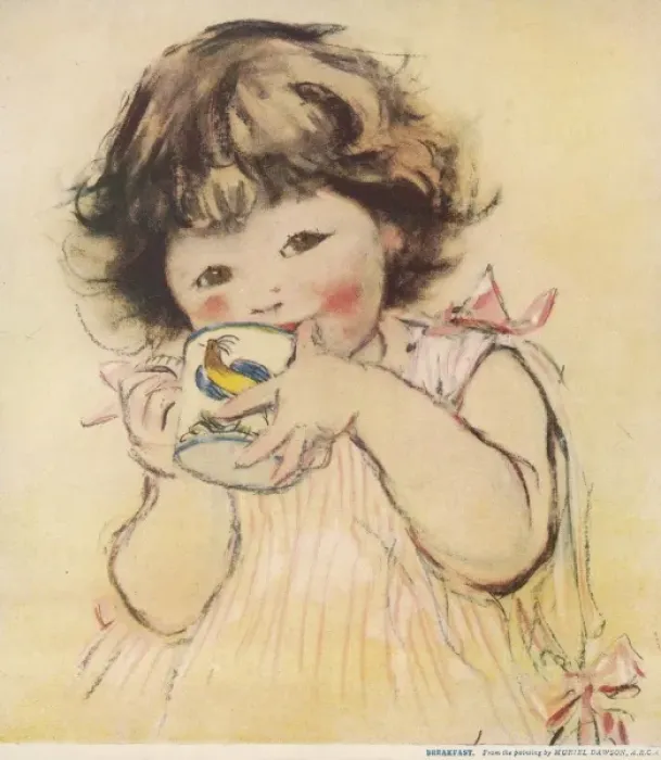 Framed Print : Breakfast Print of a Young Girl with a Cockerel Mug Framed Print : Breakfast Print of a Young Girl with a Cockerel Mug