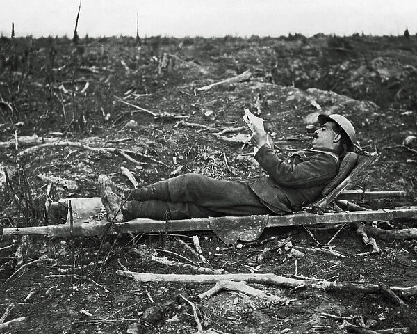 British soldier relaxing on a stretcher, Somme, WW1