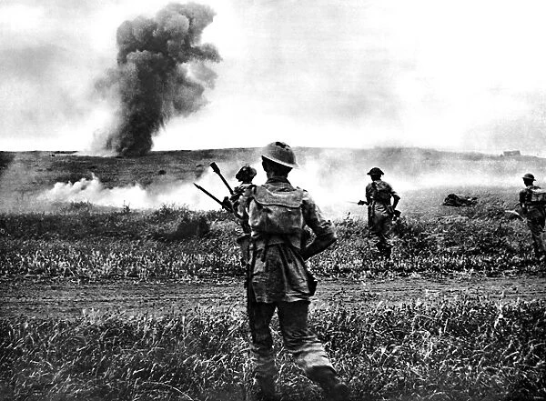 British Soldiers advance in Tunisia; Second World War, 1943
