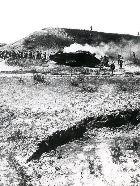 British tank and troops on Palestine border, WW1