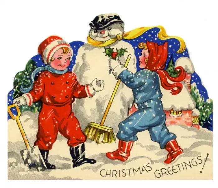 Framed Print : 1950s Christmas Card Print: Children Building a Snowman Framed Print : 1950s Christmas Card Print: Children Building a Snowman