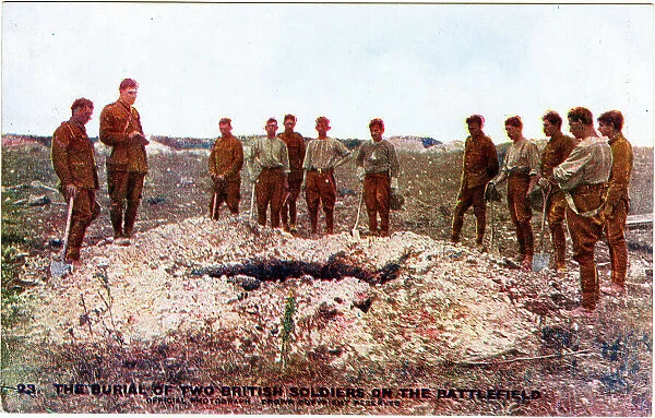 Burial of two British soldiers on the battlefield, WW1