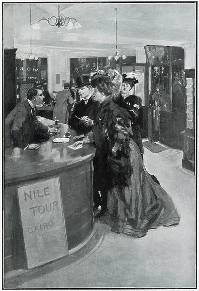 Buying travel tickets for Cooks tour to Egypt, 1908