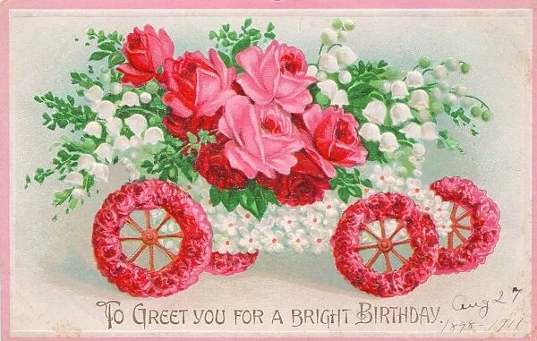 Car full of pink and white flowers on a birthday postcard