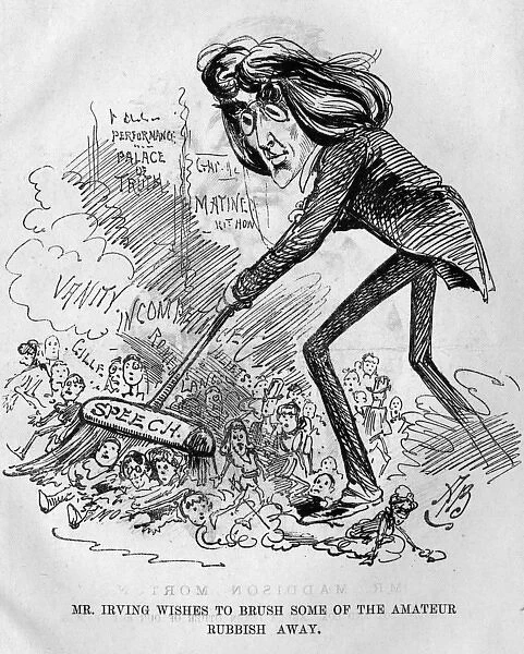 Caricature of Henry Irving sweeping amateurs away