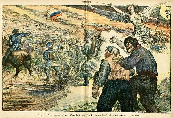 Cartoon, Russian army on battlefield, WW1