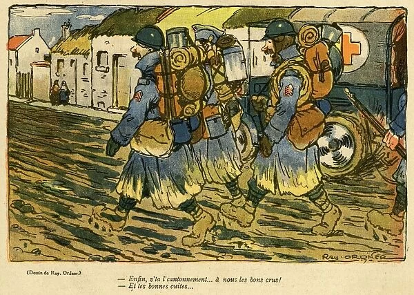 Cartoon, Soldiers approach new billet, WW1