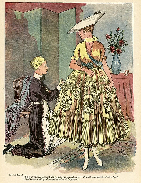Cartoon, Woman trying on new dress, WW1