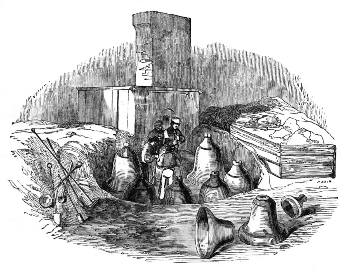 Framed Print : A Bell Foundry Casting Pit Print, c. 1830 Framed Print : A Bell Foundry Casting Pit Print, c. 1830