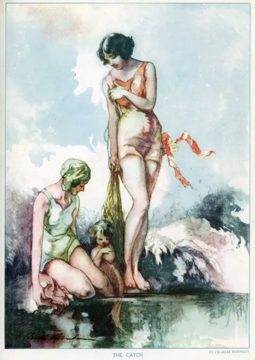 Framed Print : Print of a fantasy scene with a baby mermaid and two female bathers Framed Print : Print of a fantasy scene with a baby mermaid and two female bathers