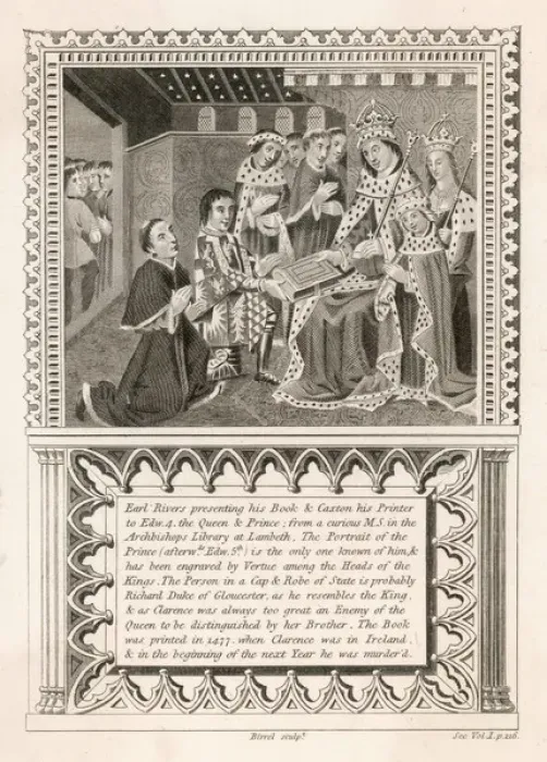 Framed Print : Woodcut Print of Caxton and Edward IV Framed Print : Woodcut Print of Caxton and Edward IV