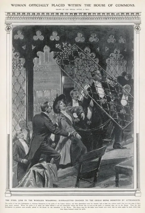 Framed Print : Suffragette Chained to Rail Print 1908 Framed Print : Suffragette Chained to Rail Print 1908
