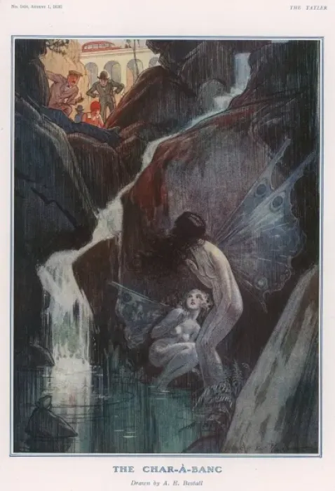 Framed Print : Print of The Char-A-Banc featuring two fairies beside a waterfall Framed Print : Print of The Char-A-Banc featuring two fairies beside a waterfall