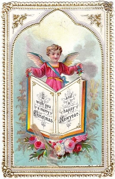 Cherub with book and roses on a Christmas card
