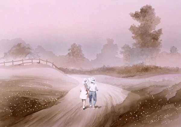 Children on an atmospheric country lane