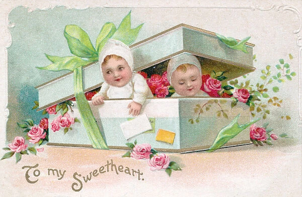 Children and flowers on a Valentine postcard