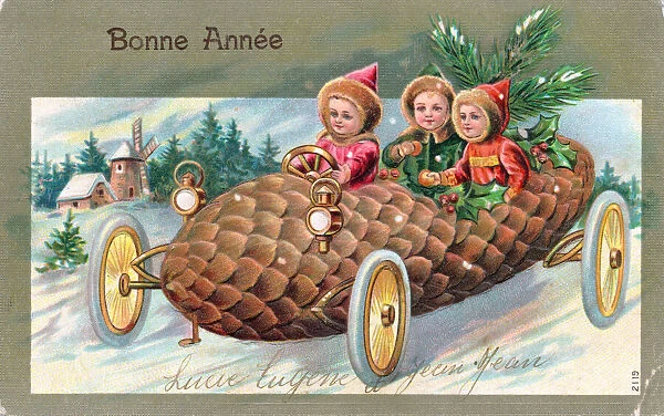 Three children on a French New Year postcard