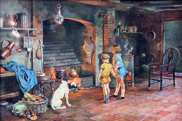 Children by a kitchen hearth