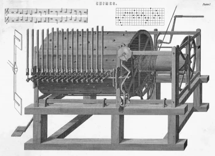Framed Print : Print of a Mechanical Chime Device