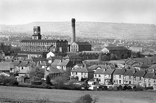 Mill chimney and terraced houses in Huddersfield, Yorkshire