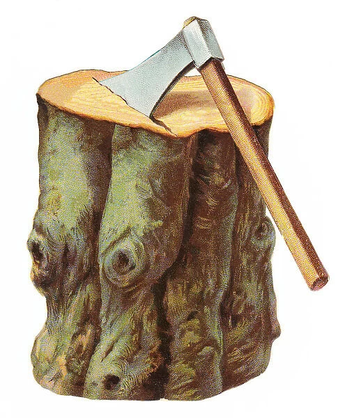 A chopping log stump with embedded axe