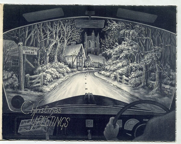 Christmas card, motoring snow scene