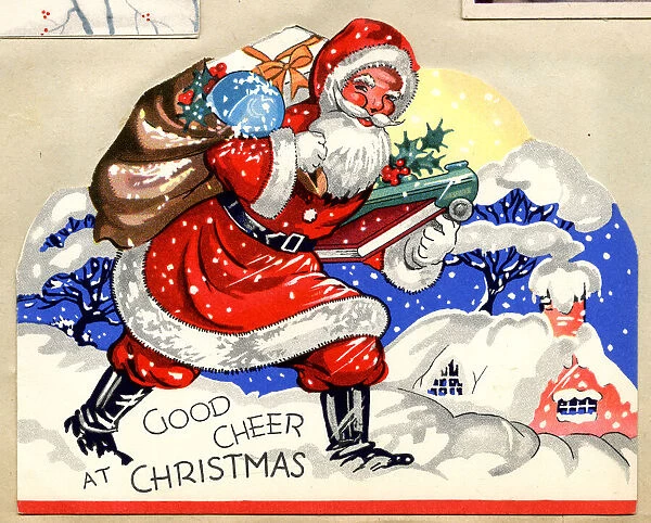 Christmas card, Santa Claus with sack and presents