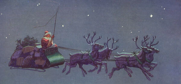 Christmas card, Santa on his sleigh