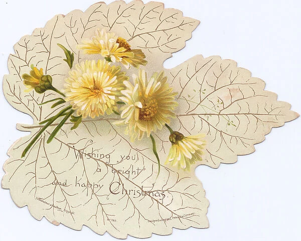 Christmas card in the shape of a white leaf with flowers