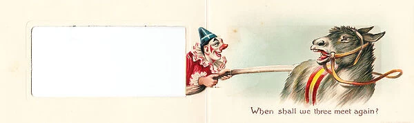 Clown pulling a donkeys tail on a Christmas card